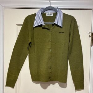 Miu Miu Olive Green Button-Up Cardigan with Striped Collar